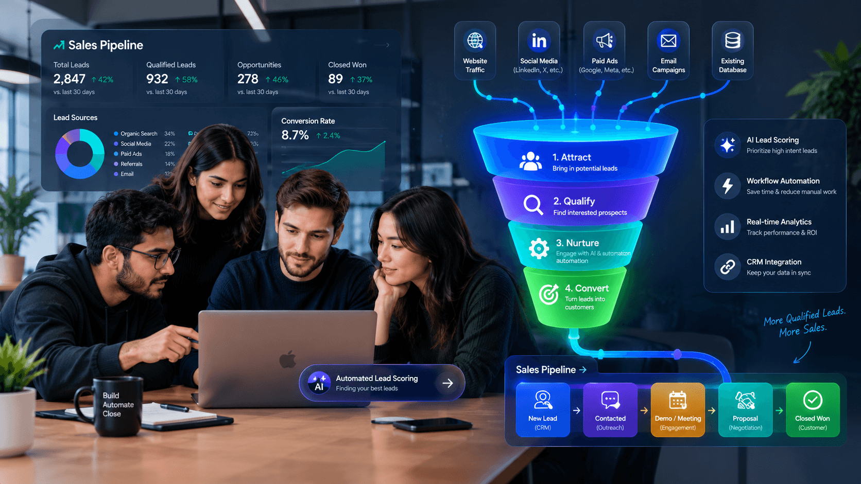 AI lead generation funnel feeding qualified leads into a sales pipeline