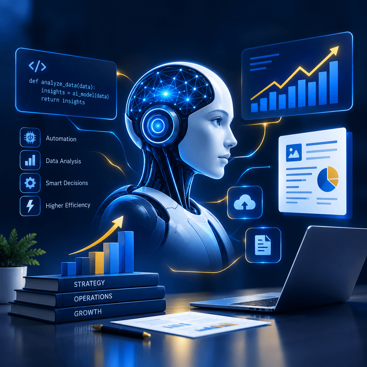 Illustration representing generative AI use cases in business, such as a robot or AI icon alongside charts, documents, and code symbols