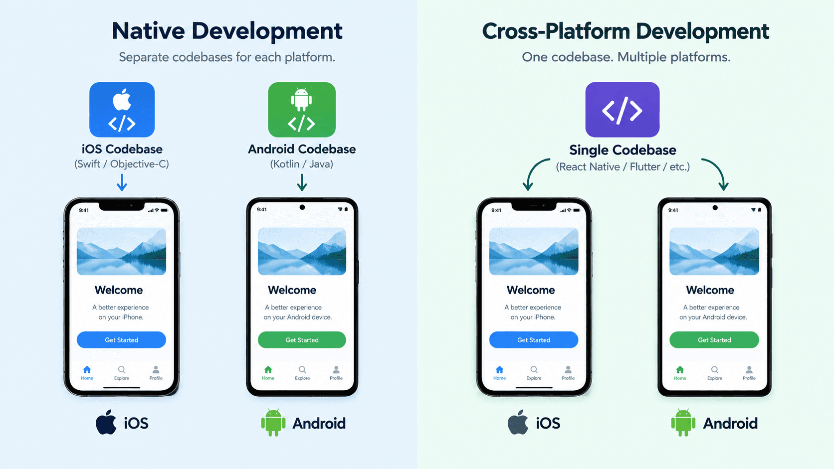 Split-screen illustration comparing native mobile app development (iOS and Android device icons) with cross-platform development (single code icon feeding both devices)